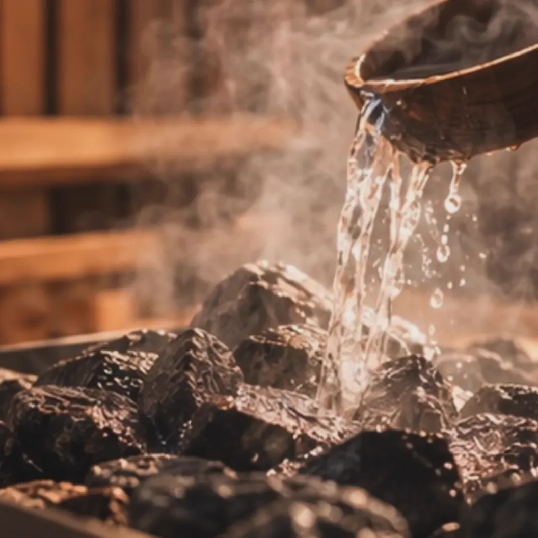 Water poured from a wooden ladle over hot sauna stones, steam rising