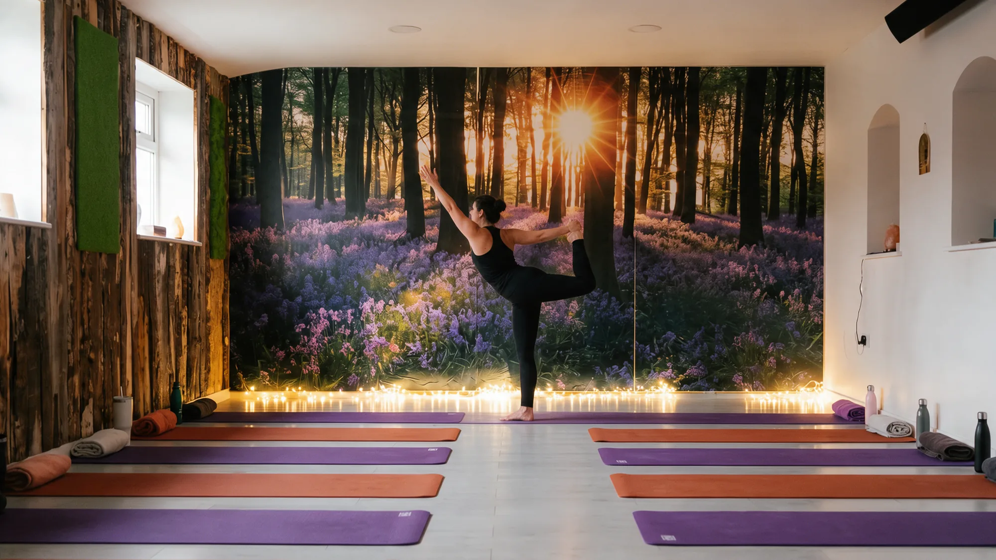 A yoga student in the standing bow pose in the heated studio, in front of the bluebell forest mural